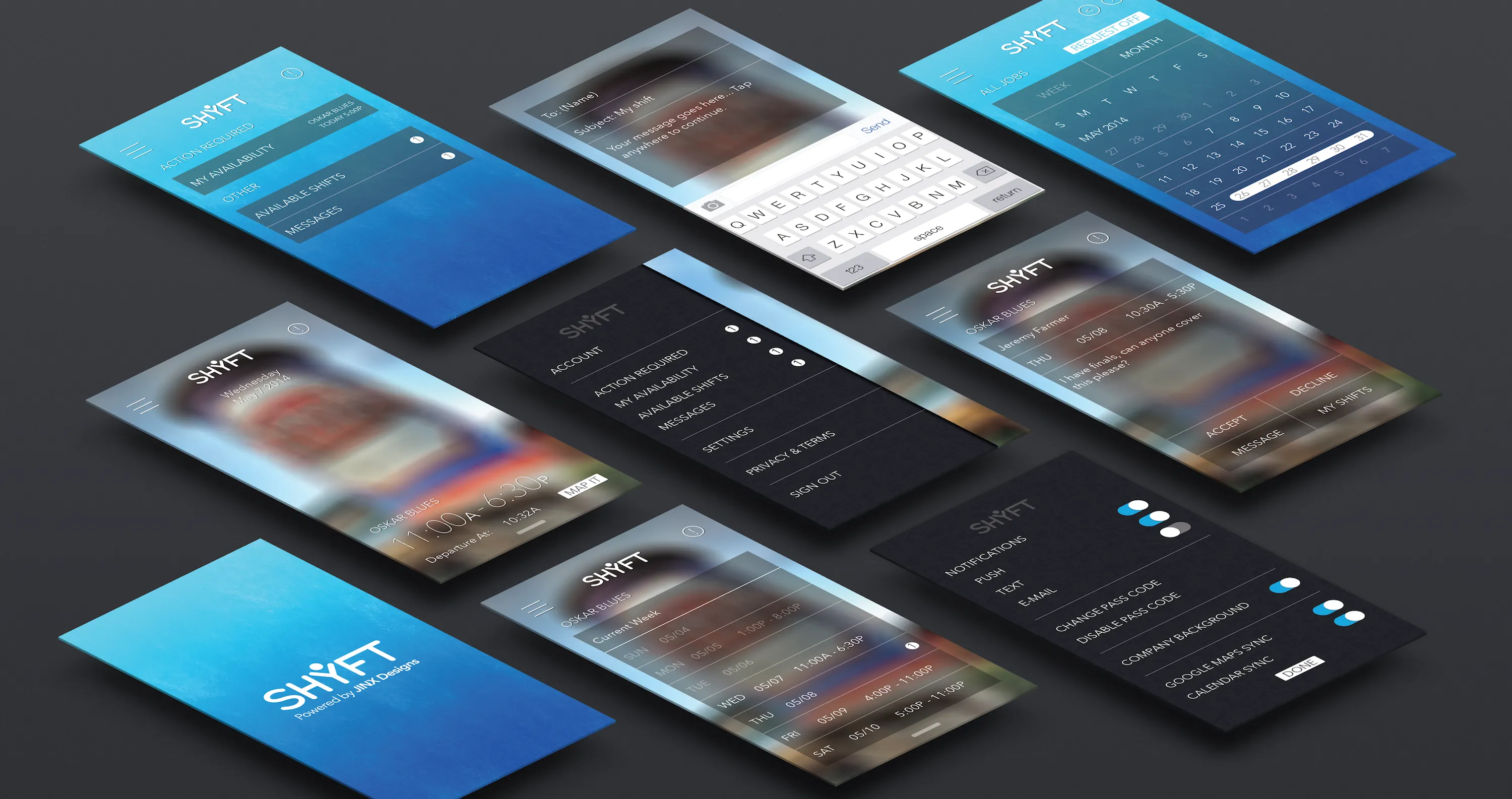 A set of higher-fidelity mockups showing the early concept of SHYFT